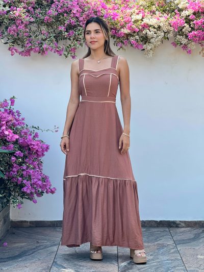 Vestido largo 2 tiempos  escote corazon con sesgos combinados